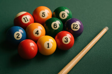 colorful billiard balls arranged in a triangle with cue on green table, ready for a game in indoor recreation setting