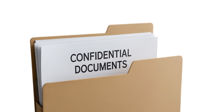 Close up of a manila folder filled with confidential documents against isolated White background  - Powered by Adobe