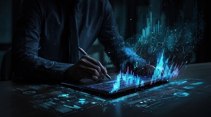 Businessman analyzing financial data charts on laptop with stylus in futuristic interface concept on dark background with glowing graphics and bars. High quality