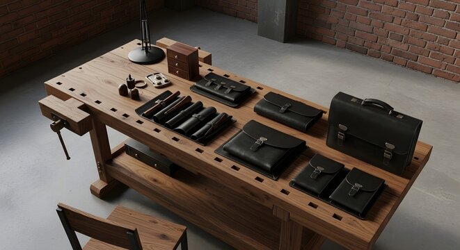 Artisan Leathercraft Workshop: Handcrafted Wallets, Briefcases, and Accessories on a Sturdy Wooden Workbench