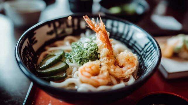 Delicious bowl of shrimp udon noodles with green toppings and garnish