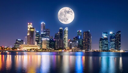 Obraz premium 都会の高層ビルと満月の夜空