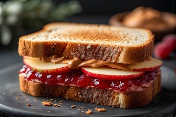 peanut butter, raspberry jelly and apple sandwich