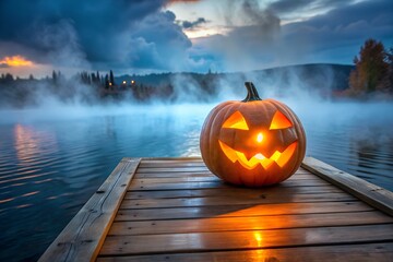A glowing jackolantern sits on a wooden dock by a misty lake at dusk, creating a spooky halloween atmosphere