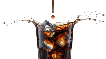 Close up of a glass of cola with ice cubes and a splash on a isolated White background  view