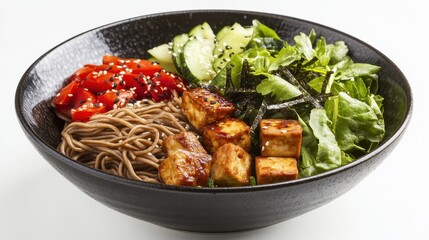 Fototapeta premium Colorful Asian noodle bowl with fresh vegetables and tofu cubes