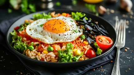 Delicious Rice Dish with Egg and Fresh Vegetables on Black Plate