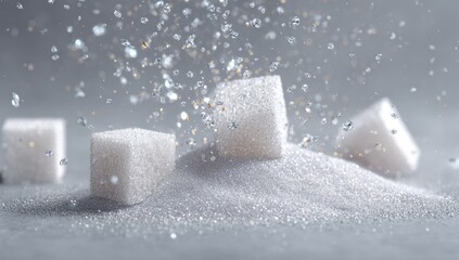 Sugar cubes falling onto granulated sugar pile, studio shot