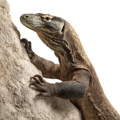 Fototapeta premium Png of A close-up of a Komodo dragon climbing a rocky surface, showcasing its textured scales and sharp claws.