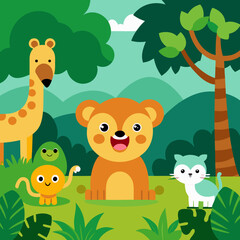 Naklejka premium Cute cartoon animals enjoying a sunny day in the jungle