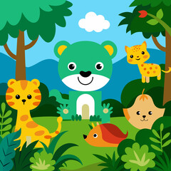 Naklejka premium Cute cartoon animals in a lush green jungle scene