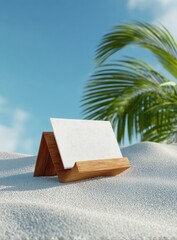 Blank card, beach stand, tropical scene, sunny day, mockup