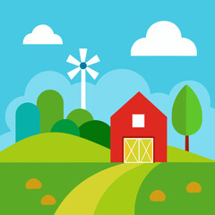 Fototapeta premium Charming red barn and windmill on a sunny day