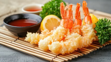 Crispy Tempura Shrimp with Fresh Lemon and Dipping Sauce Displayed
