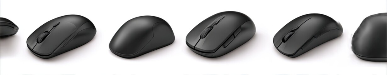 Multiple black wireless computer mice displayed on white background. Product shot for online store