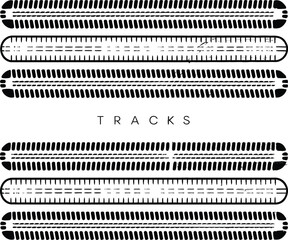A minimalist digital illustration of various vehicle tire tread patterns and tracks. Vector graphic elements.