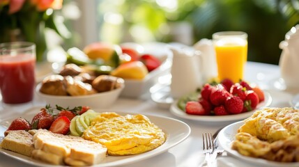 Delicious Breakfast Spread with Fresh Fruits and Scrambled Eggs