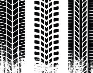 Set of three black tire track marks. Grunge wheel tread print silhouette for a transport design concept.