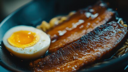 Deliciously Glazed Pork Belly with Soft Boiled Egg on Noodles