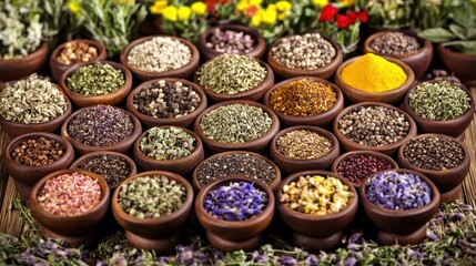Fototapeta premium Colorful Assortment of Herbs and Spices in Rustic Clay Bowls