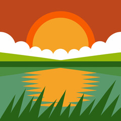 Obraz premium Vibrant sunset over a calm lake with grassy shoreline