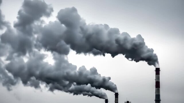 Pollution: Smoke from industrial chimney stacks against sky. Environmental damage, air pollution, industrial waste, climate change, gas emissions, global warming.