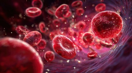 Digital rendering of anemic blood showing low red cell density and slow circulation in a vascular environment.