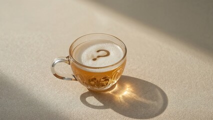 A glass cup of light-colored drink, featuring a question mark design on the surface, bathed in sunlight.