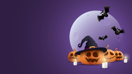 3D Halloween elements with purple background graphic illustration have blank space.