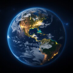 Fototapeta premium High-detail view of Earth at night from space, showing glowing city lights and cloud patterns with atmospheric glow.