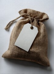 Burlap Gift Bag with Blank Tag on White Background
