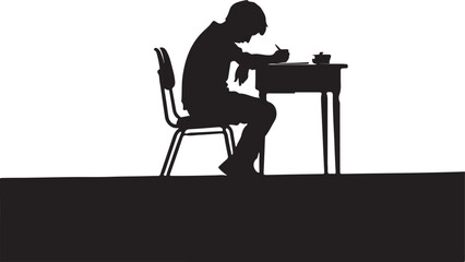 Student writing at desk silhouette chair book vector