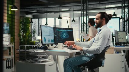 General manager employs AI neural network for work task optimization, increasing productivity with data sharing and machine learning. Artificial intelligence for business goals. Camera A. - Powered by Adobe