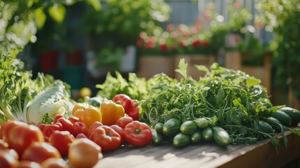 Fresh Organic Vegetables Displayed on Farm Table in Sunny Garden