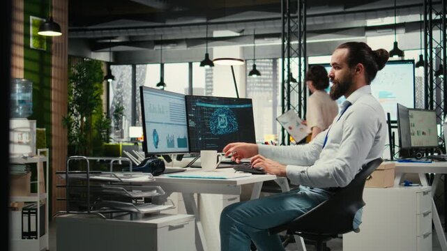 General manager employs AI neural network for work task optimization, increasing productivity with data sharing and machine learning. Artificial intelligence for business goals. Camera A.