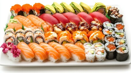 Colorful Assortment of Sushi Rolls and Fresh Fish on White Plate