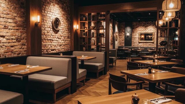Contemporary bistro interior showcasing rugged brick surfaces and polished wood décor