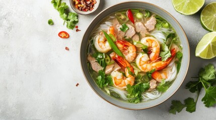 Delicious Shrimp and Pork Noodle Soup with Fresh Herbs and Lime