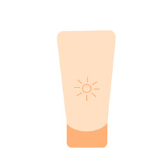 Flat design of pastel sunscreen bottle icon with cute sun illustration, minimal summer skincare vector for beauty and cosmetics product, SPF protection concept in soft warm tone