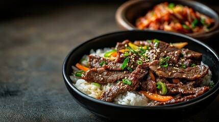 Fototapeta premium Delicious Asian Beef Stir-Fry with Rice and Colorful Vegetables