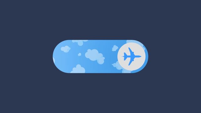 4K 60fps Airplane Mode On/Off Switch Animation. Plane on Runway with Blue Sky and Clouds.