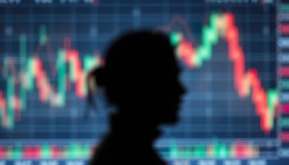 A silhouette of a person observing a digital screen displaying colorful stock market charts, with bright green and red candlestick patterns in a dark, futuristic setting