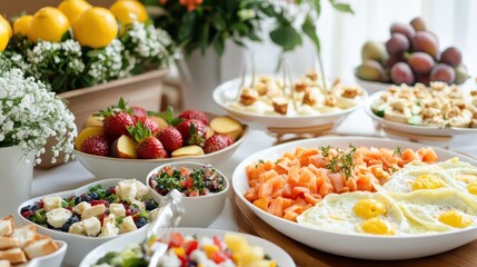 Colorful Brunch Display with Fresh Fruits and Delicious Dishes
