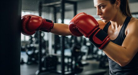 Generated Female Boxer Training with Punching Bag at Gym