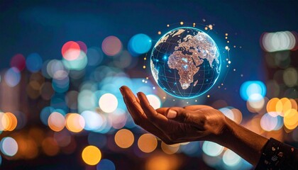 Close-up of futuristic hand touching glowing holographic globe in digital environment