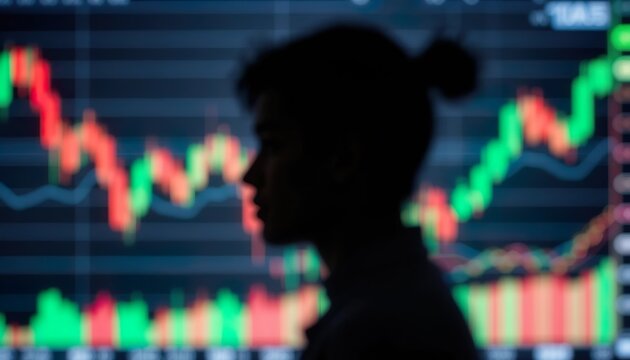 A silhouette of a person observing a digital screen displaying colorful stock market charts, with bright green and red candlestick patterns in a dark, futuristic setting