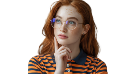 Portrait of a red haired woman wearing glasses and a striped shirt looking upwards