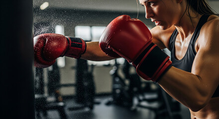 Female Boxer Training with Punching Bag at Gym