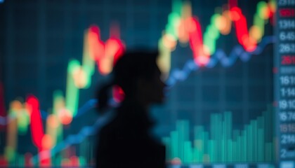 A silhouette of a person observing a digital screen displaying colorful stock market charts, with bright green and red candlestick patterns in a dark, futuristic setting