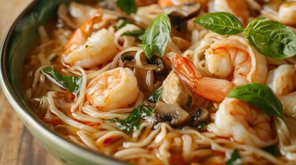 Delicious Shrimp Noodle Bowl with Fresh Greens and Aromatic Herbs